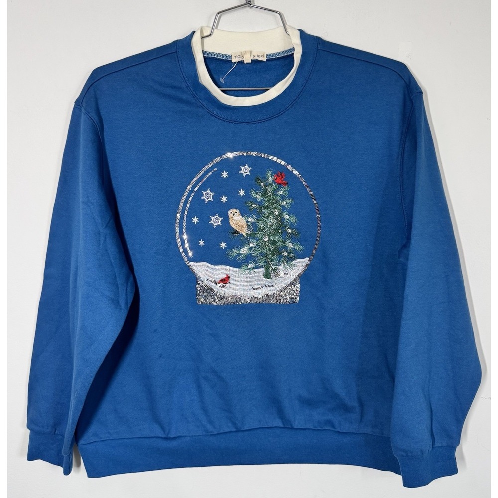 Margaux & Lexi Christmas Snow Globe Pullover Sweatshirt Blue Size XL Cardinal